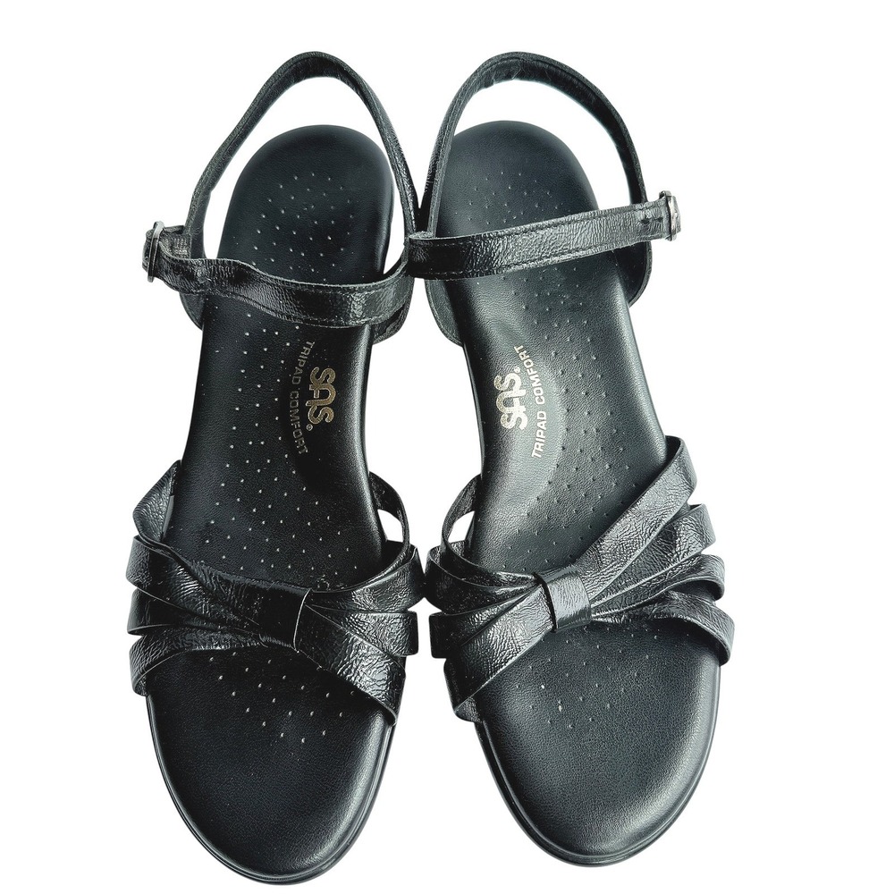SAS Strippy Quarter Strap Wedge Sandal Black Patent Size 8.5 Narrow - Picture 9 of 16